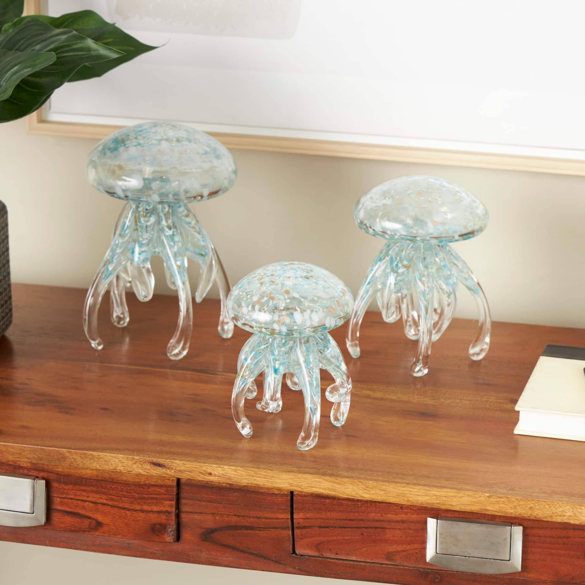 Blue Jellyfish Textured Glass Sculpture Set